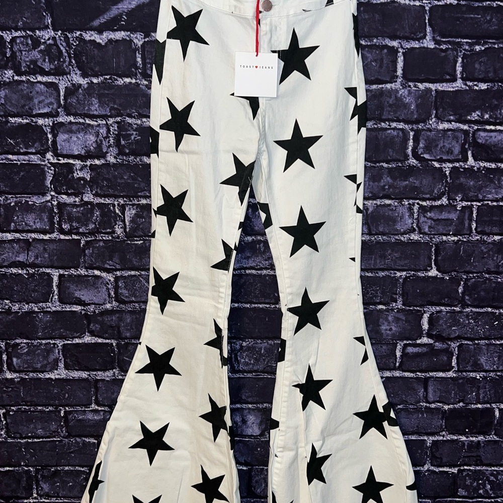 Trendy Black and White Star Flare Jeans